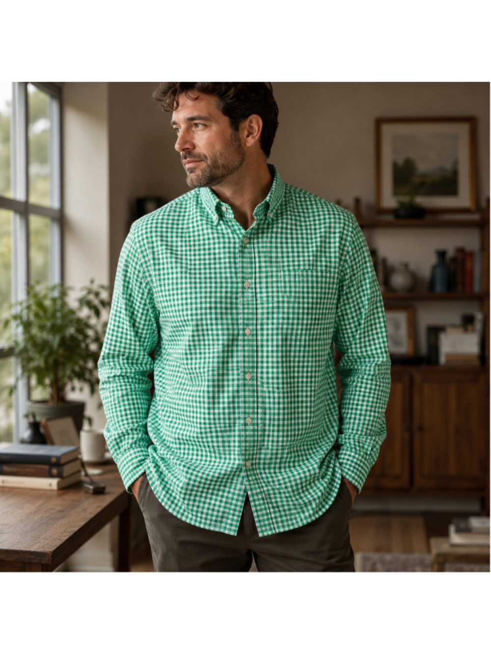 Men's Haggar Casual Button Down Shirt XL Green White Gingham